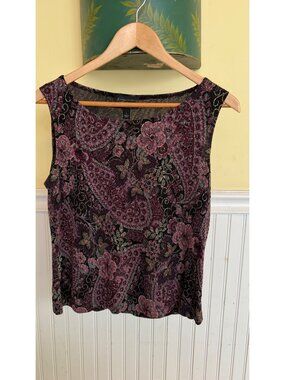 Dressbarn Collection Velvet Floral Paisley Sleeveless Top L Black Purple Gold